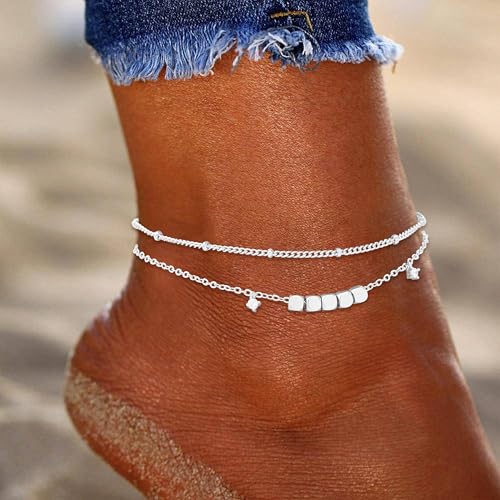 Gold/Sterling Silver Anklet Bracelets for Women Waterproof, Non Tarnish 925 Sterling Sliver Plated Heart Evileye Butterfly Charm, Dainty Summer Beach Anklets for Women, Beach Vacation Bikini Outfits for Her Mom - style: Beaded-Silver