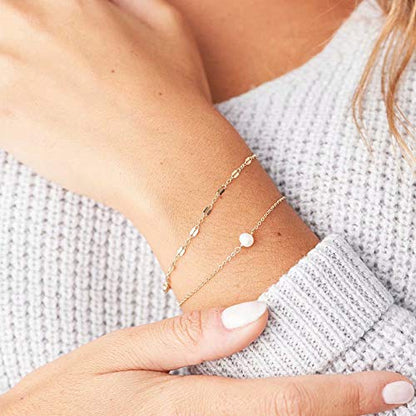 Dainty Gold Bracelets for Women, 14K Gold Plated Adjustable Layered Beads Bracelet Cute Evil Eye Oval Chain Pearl Bar Turtle Gold Bracelets for Women Jewelry - style: Pearl&Chain
