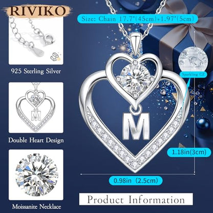 RIVIKO 1 Carat Moissanite Heart Initial Necklace for Women,Letter Pendant | 925 Sterling Silver Chain,Personalized Jewelry,Anniversary Birthday Gifts for Wife Friend Mom - color: Letter M