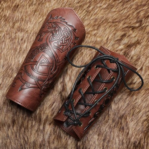 Medieval Leather Bracers Dragon Embossed Viking Leather Bracers Leather Arm Armer Cuff Leather Gauntlet Costumes Accessories - style: Dragon Leather Bracers-light Brown