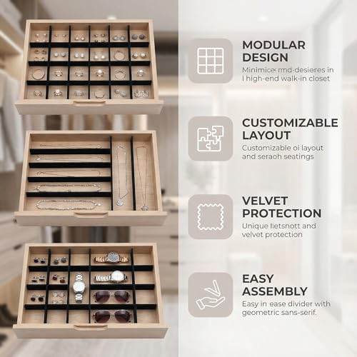 Jewelry Tray Divider Inserts DIY Organizer for Jewelry Display Boxes Adjustable Velvet Lined Dividers for Storage