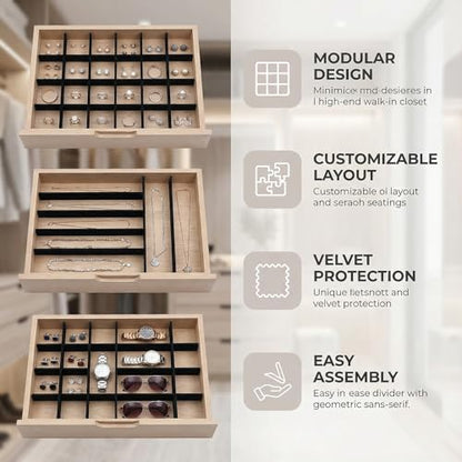 Jewelry Tray Divider Inserts DIY Organizer for Jewelry Display Boxes Adjustable Velvet Lined Dividers for Storage