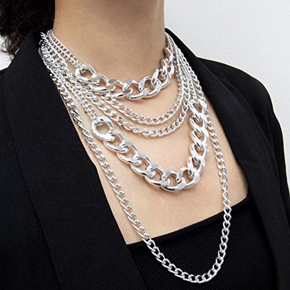 CSIYANJRY99 Chunky Gold Necklaces for Women,Multilayer Punk 80s Hip Hop Necklace,Layered Cuban Link Chain Statement Necklace 90s Freaknik Outfit Accessories for Women - color: Chunky Silver