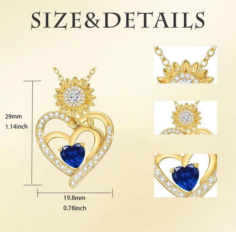 Midari Sunflower Necklace 18k Gold Plated Heart with Brithstone You Are My Sunshine Necklace Anniversary Birthday Sunflower Jewelry Gift for Women Wife Mom - color: 09-September
