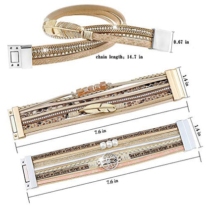 Wowanoo 3Pack Leather Cuff Bracelet Set Multilayer Wrap Bracelet Crystal Feather Tree Bracelet Magnetic Clasp Bracelet for Women - color: 3pack