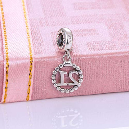 5,10,15,16,17,18,20,21,25,30,35,40,42,49,50,55,60,65,70 Number Charms for European Bracelet, 925 Sterling Silver Birthday Pendant Beads with CZ, Gifts for Mothers Day/Anniversary - color: Number 21 Charm