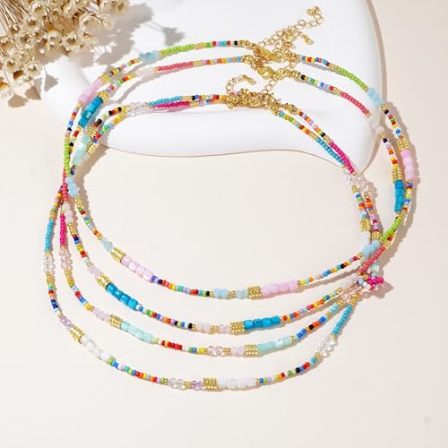 Gold Seed Beaded Necklaces for Women, Boho Handmade Adjustable Colorful Beads Choker Summer Beach Jewelry Gift. - color: White Blue