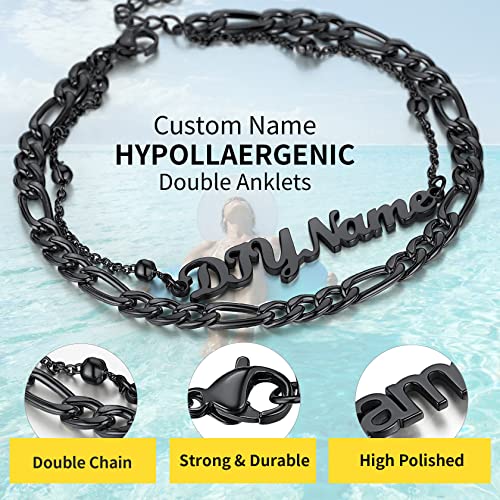 ChainsHouse Double Layer Anklet Bracelet for Women,Adjustable Chain Anklets Stackable Dainty Anklets,Stainless Steel/Gold Plated/Black Ankle Jewelry Gifts - color: C-Black-Figaro Chain