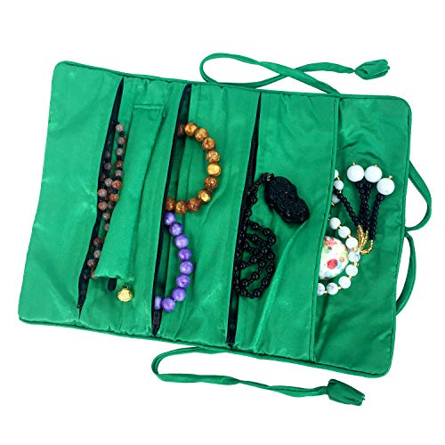 Travel Jewelry Roll Bag - Silk Embroidered Brocade Pouch for Rings, Necklaces, Earrings, Bracelets | Lightweight & Tie Closure (Dark Green) - color: Dark Green
