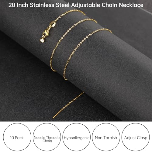 GTVOODX 10 Pack Gold Plated Necklace Chain Bulk Adjustable Stainless Steel Dainty Cable Chain for Jewelry Making with Rubber Stopper Beads - color: Gold Cable