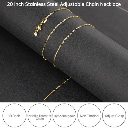 GTVOODX 10 Pack Gold Plated Necklace Chain Bulk Adjustable Stainless Steel Dainty Cable Chain for Jewelry Making with Rubber Stopper Beads - color: Gold Cable