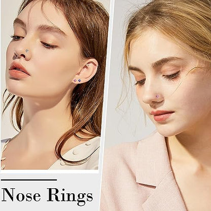 36-44 Pcs 18G 20G Nose Rings Studs Nose Rings for Women Nose Piercings Jewelry Surgical Stainless Steel Nose Studs Moon Star Heart Butterfly Hypoallergenic Body Piercing Jewelry for Women Men - color: 18G Colorful C-L Shape- 40 Pcs