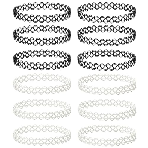 BodyJ4You 12PC Tattoo Choker Necklace - 90s Accessories 2000s Jewelry Y2K Fashion Vintage Trendy - Rainbow Goth Black Pink Green Blue White - Adjustable Stretchy Elastic Necklace Summer Vacation Set - color: Black, Clear