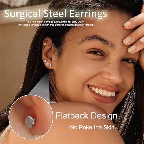 18Pairs 18G Titanium Stainless Steel Stud Earrings Set for Women Men Hypoallergenic Flat Back Cartilage Earring CZ Moon Star Heart Ball Helix Tragus Lobe Stud 6MM 8MM - color: Sliver