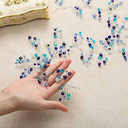 Bride Wedding Hair Vine Blue Rhinestones Bridal Hair Accessories Beaded Headband Hair Piece for Women and Girls (27.5 Inches) - color: Silver