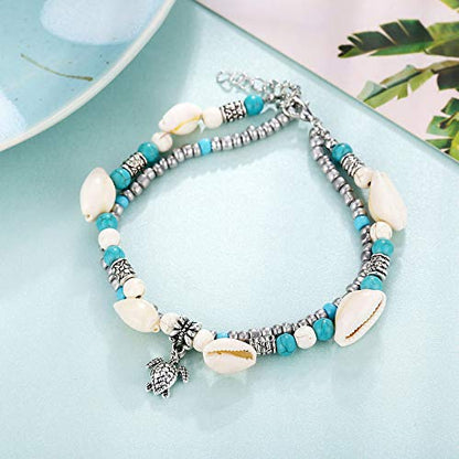 Softones Blue Starfish Turtle Anklet Multilayer Charm Beads Sea Handmade Boho Anklet Foot Jewelry for Women - style: A:Turtle 3