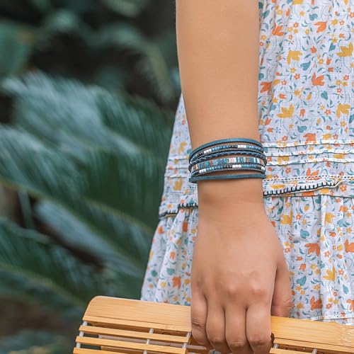 Women's Multi Layer Leather Wrap Bracelet String Bracelets for Women, Boho Braid Multi-Layer Crystal Beads Cuff Women Bracelet Jewelry - color: Blue