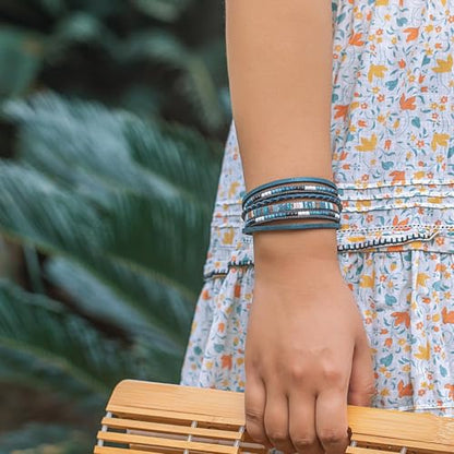 Women's Multi Layer Leather Wrap Bracelet String Bracelets for Women, Boho Braid Multi-Layer Crystal Beads Cuff Women Bracelet Jewelry - color: Blue