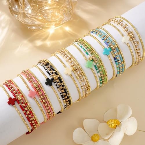 Gold Beaded Bracelets Stack for Women Stackable 14K Gold Plated Beads Ball Cross Bracelet Boho Christian Jewelry Faith Friendship Birthday Gifts for Women - color: Black
