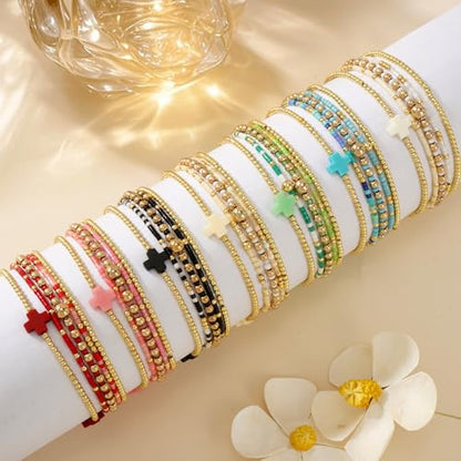 Gold Beaded Bracelets Stack for Women Stackable 14K Gold Plated Beads Ball Cross Bracelet Boho Christian Jewelry Faith Friendship Birthday Gifts for Women - color: Pink