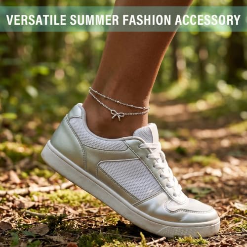 Quietsun Trendy 2 Layers Anklet Bracelets for Women-Waterproof-Adjustable-for General/Big Anklets-Gold/Silver - color: Silver-Plus