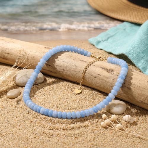 Beaded Necklace for Women, 5x8mm Blue Stone Beads, Boho Summer Jewelry | Coastal boho style for women who love soft blue tones, beach-inspired outfits, and easy everyday jewelry
