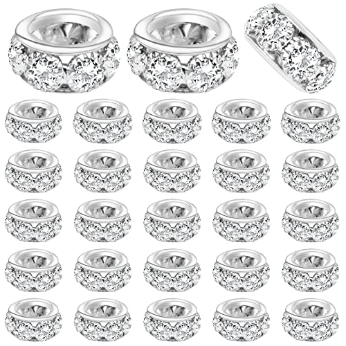 BronaGrand 40pcs 12mm Large Hole Rhinestone European Beads, Crystal Rondelle Spacer Beads Round Loose Beads for Snake Chain Bracelet DIY Jewelry Making, Hole: 8mm - color: Silver, size: 12MM