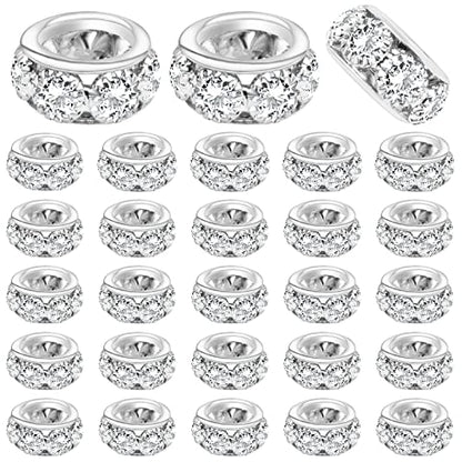 BronaGrand 40pcs 12mm Large Hole Rhinestone European Beads, Crystal Rondelle Spacer Beads Round Loose Beads for Snake Chain Bracelet DIY Jewelry Making, Hole: 8mm - color: Silver, size: 12MM
