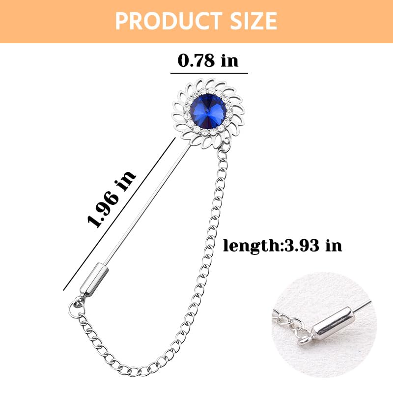 Mens Sunflower Lapel Pin Crystal Rhinestone Brooches for Men Hanging Chain Brooch Suit Pin Flower Lapel Pins for Men Wedding Business Party - color: Blue-J