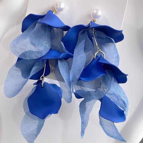 Handmade Bohemian Lightweight Fabric Flower Dangle Drop Earrings Chic Pearl Large Tassel Petal Stud Earrings For Women - color: Blue