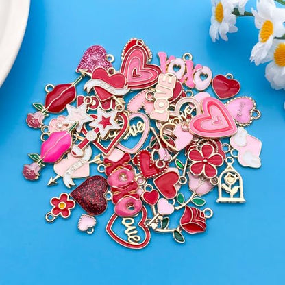 Youdiyla 50pcs Alloy enamel red pink Valentine's Day set Pendant Jewelry Making DIY Keychain Earrings Pendant Various Design Charms for Jewelry Making Bracelets Necklace (SN1045) - color: SN1045