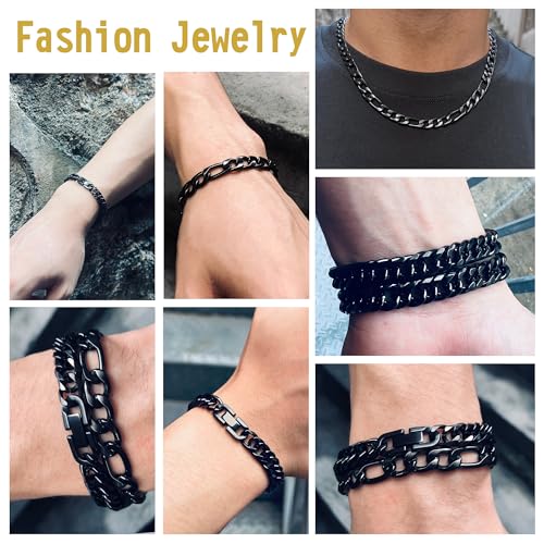 3PCS Figaro Necklace Bracelet Cuban Bracelet, Silver Gold Black Sturdy 316L Stainless Steel Cuban Link Figaro Chain for Men Jewelry Set with Gift Message Card 8mm, 7/8/9 Inches - color: Black, size: Bracelet width:7 inches