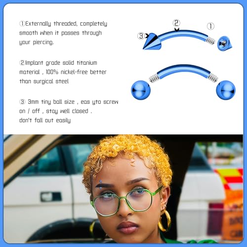 BLISI G23 Solid Titanium Eyebrow Piercing Jewelry, Gold Black Rose Gold Silver Pink Rainbow Eyebrow Rings 16G Curved Barbell,Tiny Vertical Labret Lip Jewelry Rook Piercing Jewelry for Women and Men - color: Blue 1