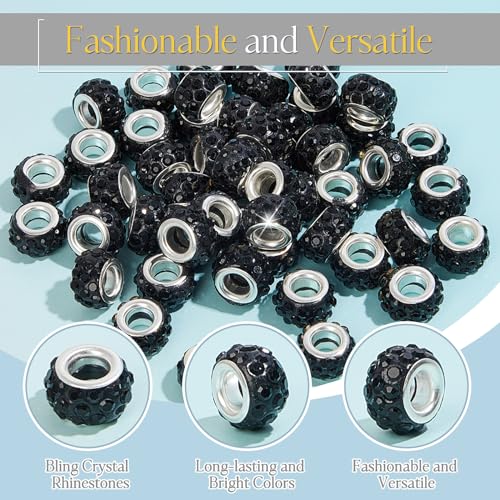 Junkin 120 Pcs Large Hole Beads 11 mm European Crystal Charm Spacer Rhinestone Colorful European Beads for Pens Making Bulk Beadable Pens Jewelry Making Supplies DIY Crafts Bracelet(Black) - color: Black