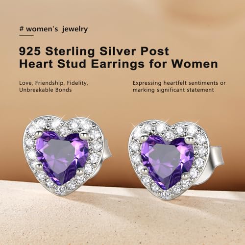 Bestyle 8mm Small Birthstone Earrings for Women with Hypoallergenic Sterling Silver Post,Sparkle Heart/Round Womens Studs Earrings, Great Birthday/Christmas/Anniversary Jewelry for Wife Mother - color: 02. Feb. Amethyst-Heart