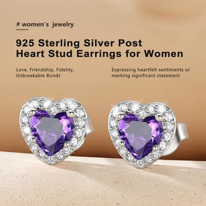 Bestyle 8mm Small Birthstone Earrings for Women with Hypoallergenic Sterling Silver Post,Sparkle Heart/Round Womens Studs Earrings, Great Birthday/Christmas/Anniversary Jewelry for Wife Mother - color: 02. Feb. Amethyst-Heart