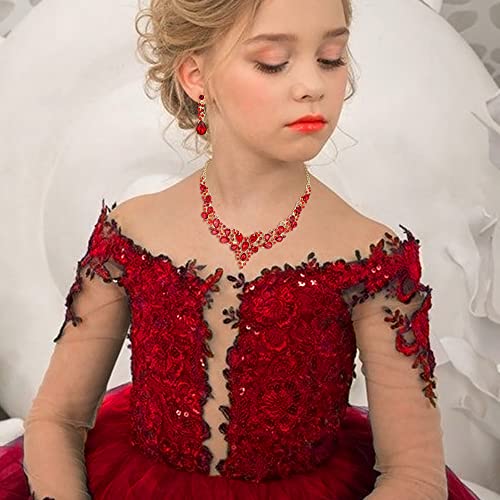 Wedding Statement Necklace Clip-on Earrings Jewelry Set | Sparkling Austrian Crystal Teardrop Cluster for Party Prom Accessories - color: 12-Ruby Color Gold-Tone