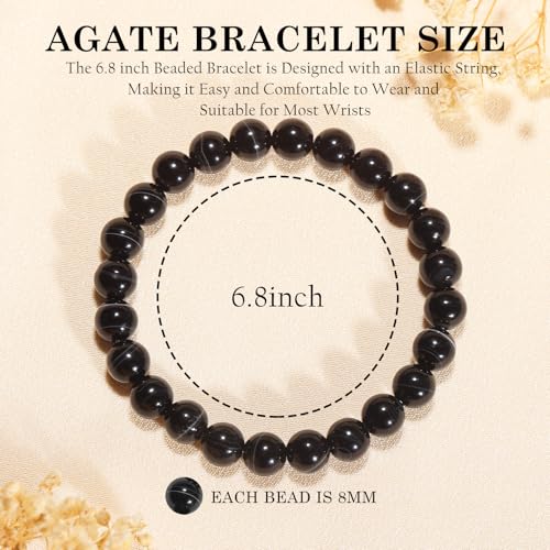 Agate Round Beaded Bracelet for Women Men Natural Agates Stone Healing Bracelets Stretch Elastic Handmade Polished Gemstone Beads Bracelet - color: Black White, size: 8mm Beads