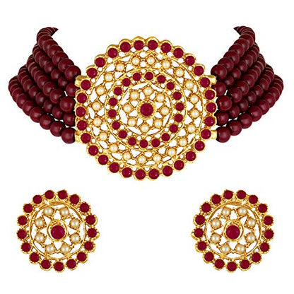 Aheli Pearl Diamond Choker Necklace & Round Earrings Gift for Women Indian Traditional Bollywood Fashion Bharatanatyam jewellery set - color: Maroon 1