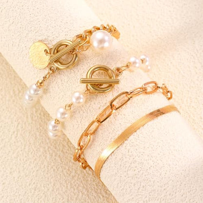 Alegend 14K Gold Plated Stackable Multilayer Bracelets + Titanium Steel(Not Rust, Resist Corruption, Easily Clean) 18K Gold Plated Single Bracelets - color: 14K Gold & Pearl Layered