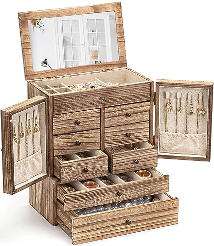Emfogo Jewelry Box for Women Wooden Jewelry Boxes & Organizers 5-Layer Rustic Large Jewelry Organizer Box with Mirror & 8 Drawers for Rings Earrings Necklaces Bracelets Women Girls Gifts - color: Rustic Brown