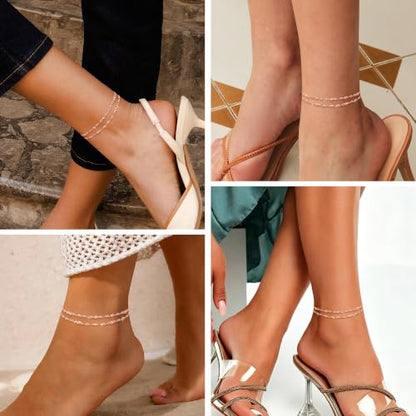 Kenivira 925 Sterling Silver Ankle Bracelets For Women Dainty Layered Waterproof 18K Gold Plated Anklets For Women Beach Adjustable Anklet Foot Jewellery - color: rose gold-bead