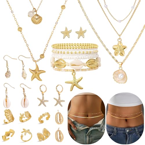 Boho Beach Jewelry Sets for Women | Summer Seashell Starfish Accessories, Necklace, Earrings, Rings Anklet - style: 27pcs Ocean Starfish Beach Set