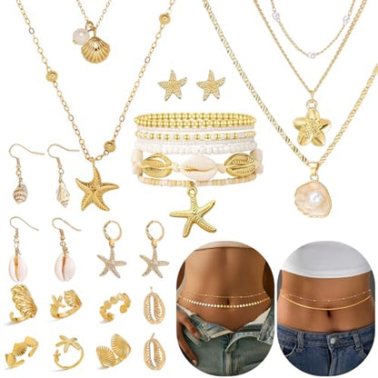 Boho Beach Jewelry Sets for Women | Summer Seashell Starfish Accessories, Necklace, Earrings, Rings Anklet - style: 27pcs Ocean Starfish Beach Set