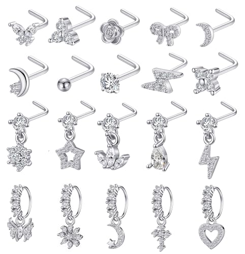 20Pcs Gold/Silver Dangle Nose Ring L Shaped Dangling Nose Stud Stainless Steel Nose Ring Studs CZ Cross Heart Snowflower Butterfly Moon Flower Dangle Nose Rings Hoops Nose Piercing 20G for Women - color: Silver