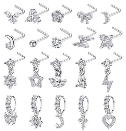 20Pcs Gold/Silver Dangle Nose Ring L Shaped Dangling Nose Stud Stainless Steel Nose Ring Studs CZ Cross Heart Snowflower Butterfly Moon Flower Dangle Nose Rings Hoops Nose Piercing 20G for Women - color: Silver