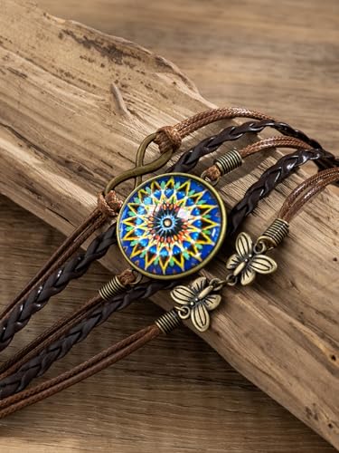 Women's Yoga Mandala Floral Bracelet - Handmade Boho Braided Faux Leather Wrap Bracelet with Butterfly Charm - Vintage Adjustable Hippie Jewelry