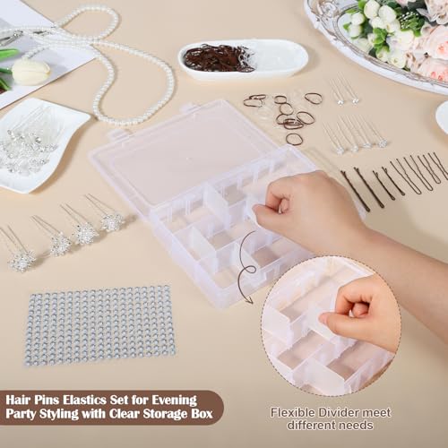 700 PCS Bride Hair Styling Kit, Hair Pins Set for Women Girls w/Storage Box | 100 U-Pins, 100 Bobby Pins Brown, 200 Hair Elastics, 40 Bridal Hair Pins Crystal Flowers, 1 Reinstone Sticker(6mm, 260pieces)