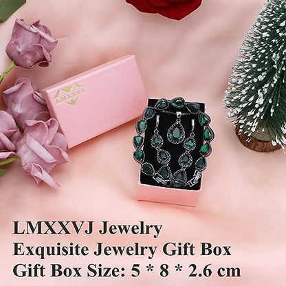 LMXXVJ Necklace Long Earrings Bracelet Set, White Gold Plated Created Blue Sapphire Jewelry Set Wedding Party Gift Jewelry for Women Bridal Bridesmaid - color: Black Gun-Green