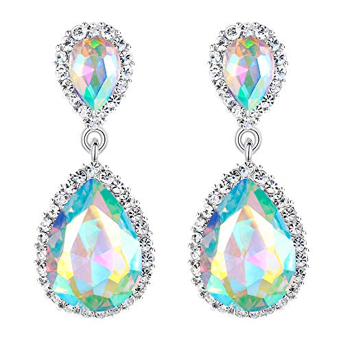 EVER FAITH Women's Austrian Crystal Wedding Tear Drop Dangle Earrings | Bridal Prom Jewelry for Bride Bridesmaid - color: Iridescent AB Silver-Plated-Base